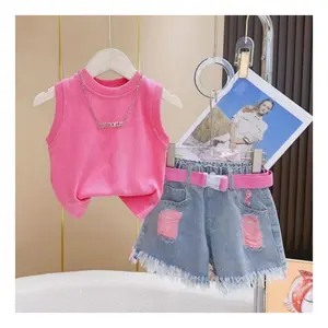 Ms-123 2024 Girl Clothing Spring Set Vest Tops+Jeans Shorts Summer Kids Clothes 6-7 8-9 Summer Boutique Clothing Sets for Girls