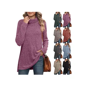 नई यूरोपीय और अमेरिकी शरद ऋतु और शीतकालीन टर्टलनेक स्प्लिट पिन स्ट्राइप सॉलिड रंग ढीली टी-शर्ट टॉप महिलाएं