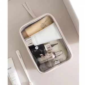 Trousse de toilette de voyage en cuir PU rose crème PVC imperméable transparent avec logo personnalisé coffret cadeau - Product Image 4