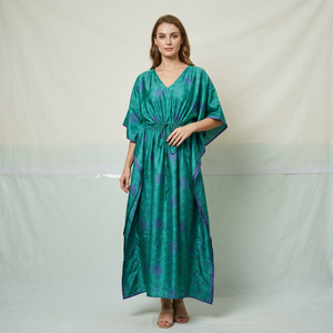 Robe longue caftan vintage en soie respirante pour femme grande taille, taille naturelle, sans manches, imprimé floral, pour mariée ou soirée - Product Image 1