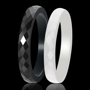 Bagues en céramique noires et blanches de 3 mm de large, motif diamant à facettes, bijoux de mariage unisexes - Product Image 4