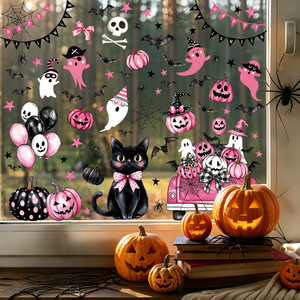 Pegatinas de Halloween Rosa Pastel al por Mayor, Lindas Pegatinas de Gato Negro, Fantasma, Calabaza y Murciélago para Decoración de Ventanas y Paredes, Decoración para Fiesta de Halloween - Product Image 1