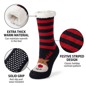 Chaussons d'intérieur festifs à rayures nordiques motif renne, doublure polaire extra épaisse, antidérapants, thermiques pour l'hiver - Product Image 2