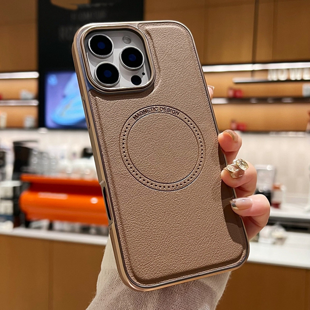 Luxury Desert Titanium Plating Leather Charging Phone case for iPhone 16 15 14 13 Pro Max Strong Magnetic Shockproof Hard Cover