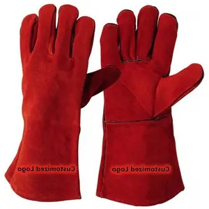 Luvas de soldagem feitas à mão, luvas longas de soldagem de couro vermelho, resistentes ao trabalho, para inverno