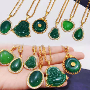 Collier <span class=keywords><strong>Bouddha</strong></span> Thaïlandais en <span class=keywords><strong>Jade</strong></span> Naturel avec Bordure en Cristal et Agate, Pendentif <span class=keywords><strong>Bouddha</strong></span> Maitreya Rire - Product Image 2