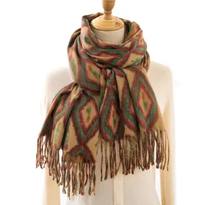 Factory direct sales customized high-end imitation cashmere rose geometric print warm tassel women's shawl scarf