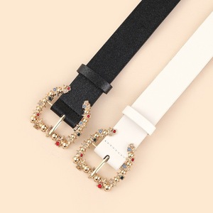Cinturón de cuero PU de moda Simple para mujer, hebilla con incrustaciones de diamantes de imitación coloridos, uso generalizado, accesorio de cintura, abrigo, abrigos - Product Image 3
