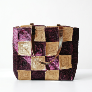 Sac pour femme en raphia fait main au crochet, motif damier géométrique, marron et noir, deux poignées, style bohème, ouverture supérieure, en coton, avec fermeture éclair - Product Image 5