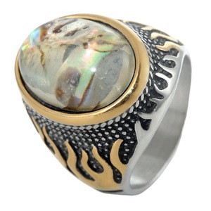 yunnique Men's <b>Titanium</b> Steel Flame <b>Ring</b> Oval Stone Bezel Setting Two Tone Punk Style Jewelry Gift - Product Image 5