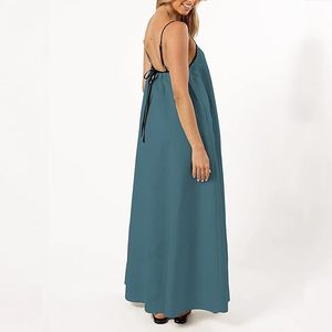 Abito Estivo in <span class=keywords><strong>Lino</strong></span> da <span class=keywords><strong>Donna</strong></span>, Vestito Lungo e Ampio con Spalline Sottili a Contrasto, Senza Maniche e Schiena Scoperta, Ideale per la Spiaggia - Product Image 4