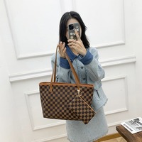Tas Tote Kulit 2in1 Model Terbaru 2026 Kapasitas Besar Motif Kotak-kotak Modis Dompet Berkualitas Tinggi Tas Selempang Laris Manis