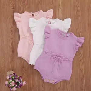 RTS Winter Infant Toddler Flutter Sleeves Cotton jumper Button Knit Baby Girls sweater Romper