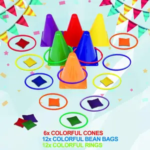 3-in-1 Karneval Outdoor Spiele Combo-Set für Kinder, weiche Kunststoff-Kegel Bohnenbeutel Ring-Wurf-Spiel