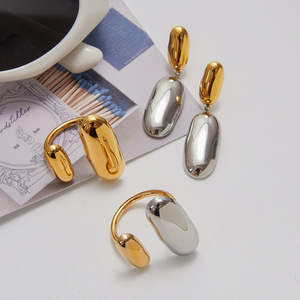 Geometric Stainless Steel Ring And Earrings Set For Women Party Jewelry Oval <b>Shape</b> Color <b>Blocked</b> Fashion Jewelry - Product Image 3