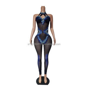 Traje de una pieza de malla ajustado y sexy con diamantes de lujo, estilo Gulan, para pasarela, fiesta, discoteca, bar, actuación. - Product Image 1