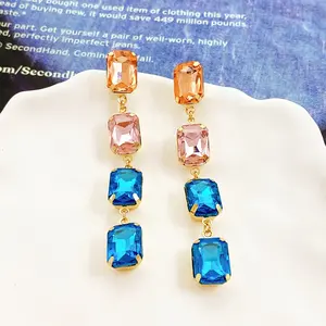 Exaggeration Wedding Jewelry Colorful Water Drop Shiny Crystal Tassel Rhinestone Long Drop Earrings