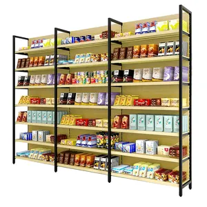 classic wood grain metallic gondola supermarket shelf with adjustable shelf