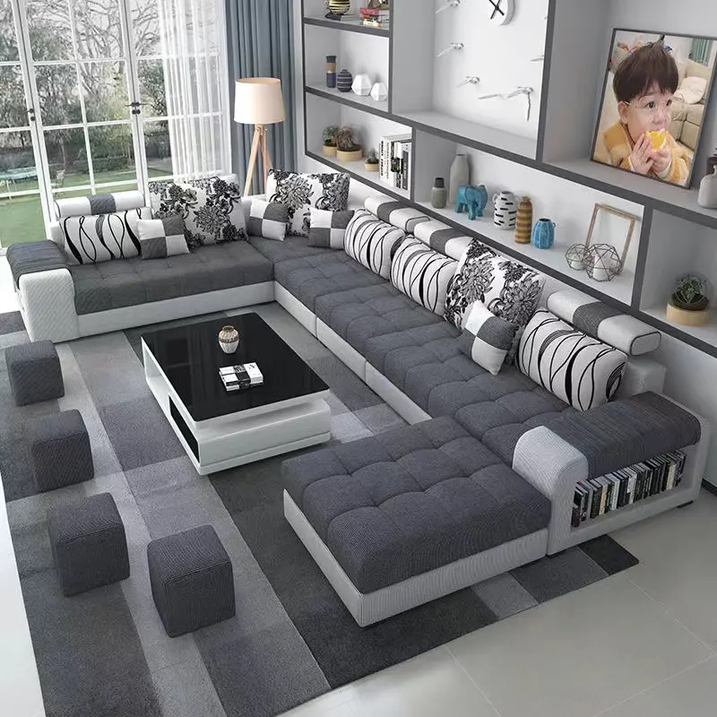 Sofa kayu desain bentuk u kulit modern, set sofa ruang duduk, furnitur ruang tamu 7 tempat duduk