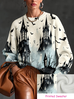 Pull à col rond pour femme, imprimé château hanté, fantômes et chauves-souris, avec transfert thermique, personnalisé, décontracté, pour tous les jours et les fêtes