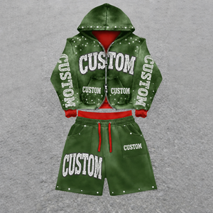 <span class=keywords><strong>Ensemble</strong></span> de survêtement décontracté pour homme avec sweat à capuche à double fermeture éclair et short, imprimé sérigraphié personnalisé, orné de strass et à ourlet déchiré - Product Image 1