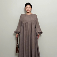 LM020 Abaya en lin crêpe texturé à manches bouffantes, design réversible, adaptée à la maternité, poche zippée, pour la prière islamique