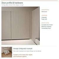 Meuble de cuisine stratifié au design minimaliste, aménagement en U, unités modulaires, boîtes de rangement en contreplaqué et rangements extractibles