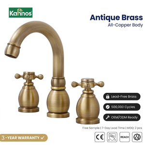 Grifo de lavabo de tres orificios estilo retro francés, de latón antiguo, con doble manija para agua fría y caliente, de amplio alcance - Product Image 1