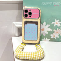 Coque de téléphone anti-chute en TPU gaufré à pois jaunes avec lanière et porte-cartes, grande fenêtre pour Apple 16 17 18 Pro Max 15 14