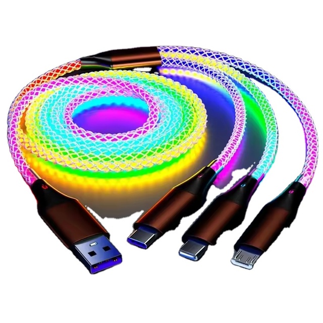 66w 6a 3 in 1 Fast Charging Type C Cable Micro Usb Rgb Colorful Streamer Glowing Line Led Usb Cable for Mobile Phone