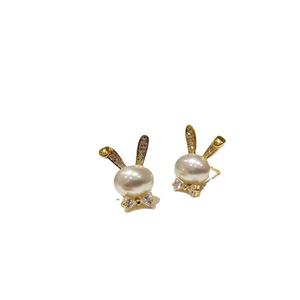 Boucles d'oreilles lapin en argent S925 WENCHI avec perles rondes de 7-8 mm, plateau vide, origine Chine, modèle 11360 - Product Image 5