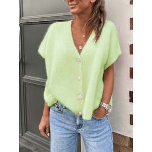 Fuzzy Short Sleeve Button <b>Cardigan</b> <b>Light</b> Yellow Women's <b>Cardigan</b> - Product Image 1