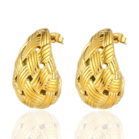 Nouveau modèle d'accessoires d'oreille creux - Boucles d'oreilles pendantes en acier inoxydable à motif quadrillé, combinaison de couleurs or et argent, bijoux