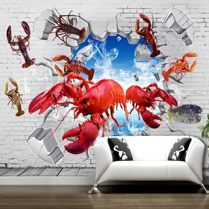 KOMNNI定制3D红色小龙虾破壁工装海报壁画食品烧烤餐厅厨房装饰壁纸壁画
