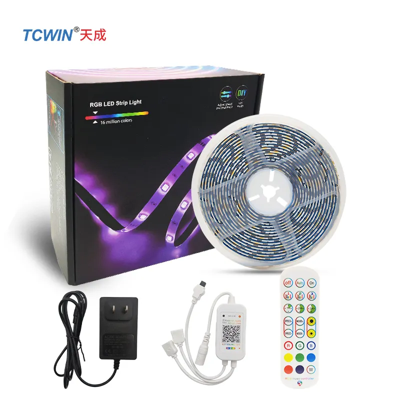 Kontrol Aplikasi Ponsel Musik BT Populer, Kit Strip Lampu LED RGB 5M 12V 24 Tombol dengan Adaptor Daya