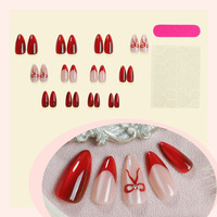 ZHI JIA Offre Spéciale Saint-Valentin Faux Ongles Réutilisables de Haute Qualité, Rouge Œil de Chat, French Manucure, Forme Amande, à Coller, avec Nœud Papillon