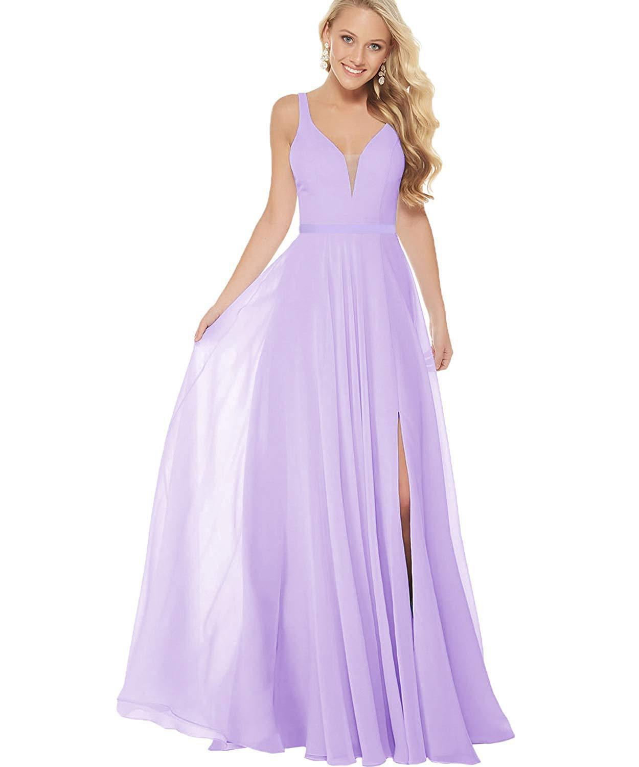 pretty short bridesmaid dresses WEDTREND Women Lilac Bridesmaid Dress with Slit A Line V-Neck Pleated  Tiered Backless Long Prom Dress main image 0