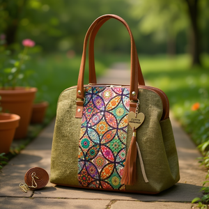 Sac fourre-tout en jute vert olive pour femme Fana Ember avec broderie, fermeture éclair et décorations de chaînes à lettres - Product Image 2