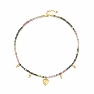 Collana con Ciondolo a Cuore Boho in Tormalina Naturale Fatta a Mano Impermeabile Estiva con Piccole Perle - Product Image 1