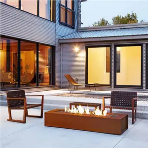 Decoratieve Moderne Ontwerp Firepit Outdoor Rechthoekige Warming Natuur Gas Zware Gauge Vierkante Corten Staal Vuurkorf