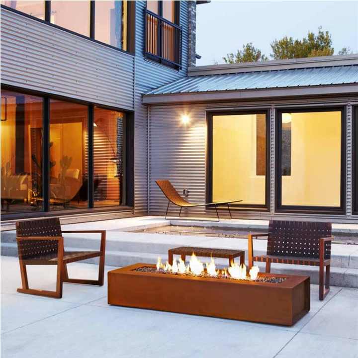 Modern Outdoor Firepit - Rectangular Corten Steel Design