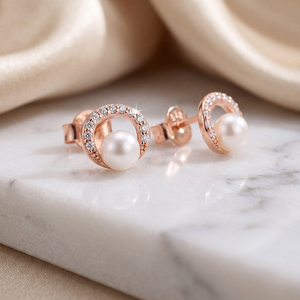 Freshwater Pearl <b>Studs</b> <b>Silver</b> Plated Copper Half Circle Jewelry CZ Pavé Curved Earring for Women Minimalist Gifts - Product Image 3