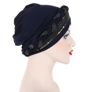 Nouveau Style Musulman Sequin Bicolor Tresse Chapeaux Turban Casquettes Polyester Intérieur Hijabs Bonnet Pour Les Femmes - Product Image 5