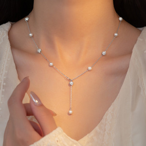 S925 <b>Silver</b> Japanese & Korean Retro Style Short <b>Necklace</b> with Curve Synthetic <b>Pearl</b> Women's Sweet D9405 <b>Necklace</b> - Product Image 2