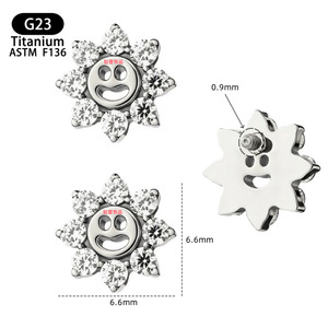 <b>Titanium</b> Smiley Face Sunflower Earrings With Zircon Inlays 6.6mm F136 Body Jewelry Lip <b>Studs</b> - Product Image 1