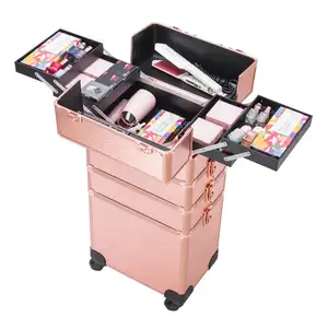 Hama — ensemble de 4-en-1, valise de maquillage rigide, en aluminium, à roulettes, pour artistes de beauté