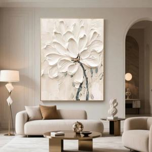Peinture à l'huile sur toile florale blanche texturée 3D, minimaliste, peinte à la main, encadrée, art mural vertical, décoration murale pour la maison, galerie d'art - Product Image 5