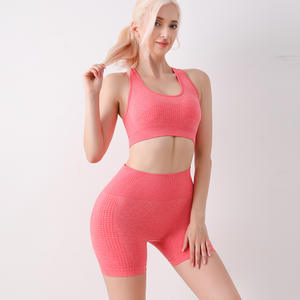 Conjunto de ropa deportiva de gimnasio para mujer europea americana para <span class=keywords><strong>Amazon</strong></span>, chaleco de dos piezas sin costuras para Yoga, pantalones cortos, sujetador sin espalda, patrón estampado - Product Image 2