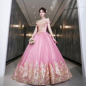 Princess Ball Gown Wedding Dress Sweetheart Neckline Tulle Pink Gold Embroidery Long Evening Gown Women's Formal Wear - Product Image 4