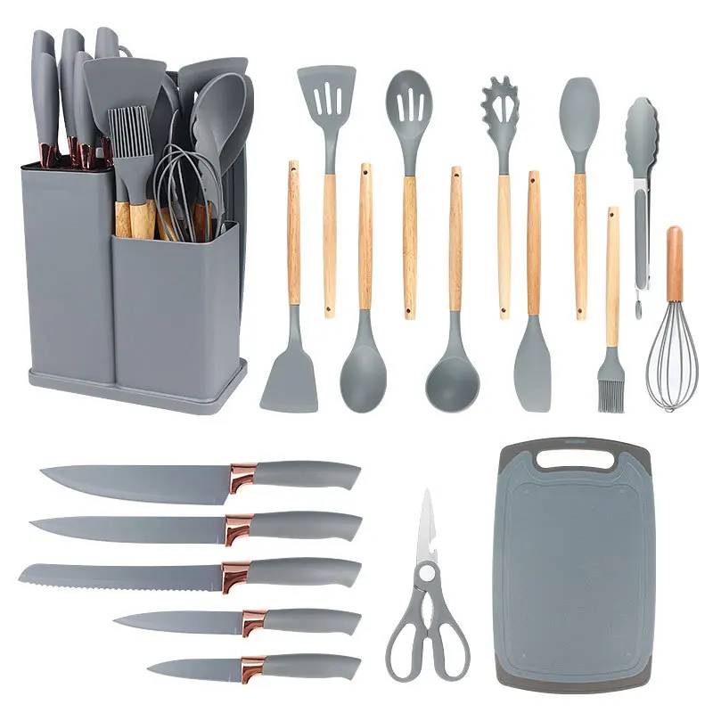 wholesale cooking kitchen utensils manufacturers 19pcs silicone kitchenware set with kitchen knife cutting board set